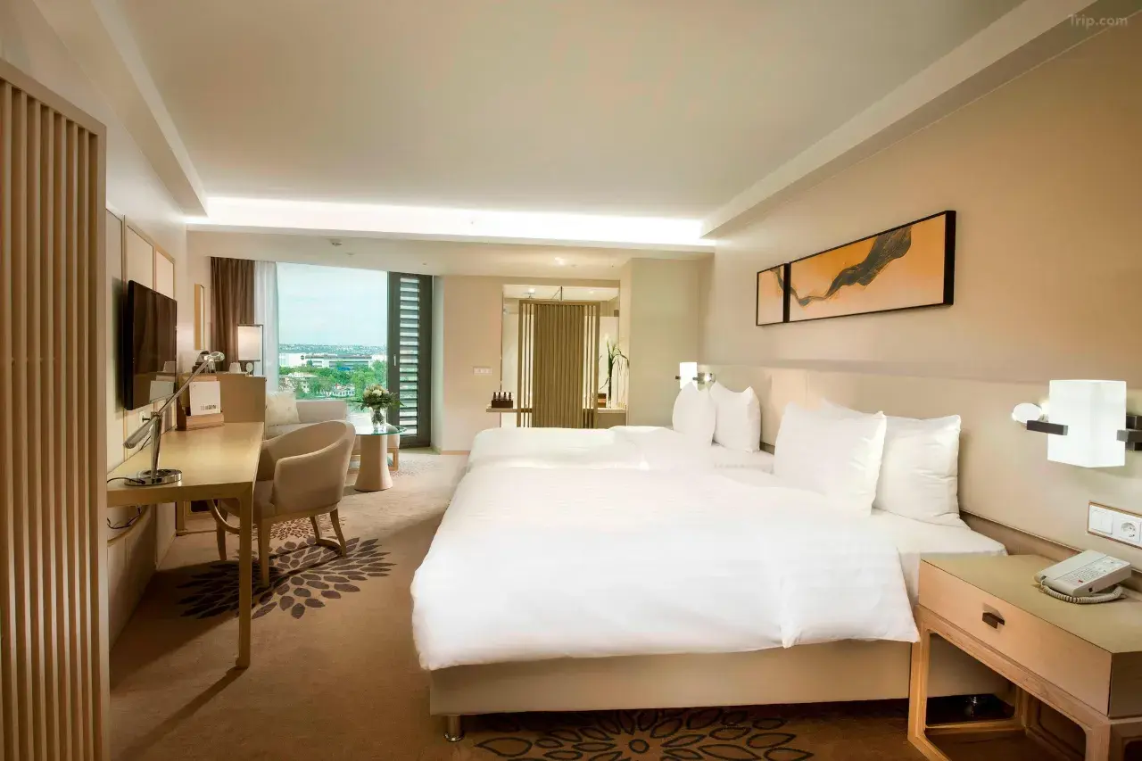 Modern hotel room with twin beds, a desk, and a large window with a city view.