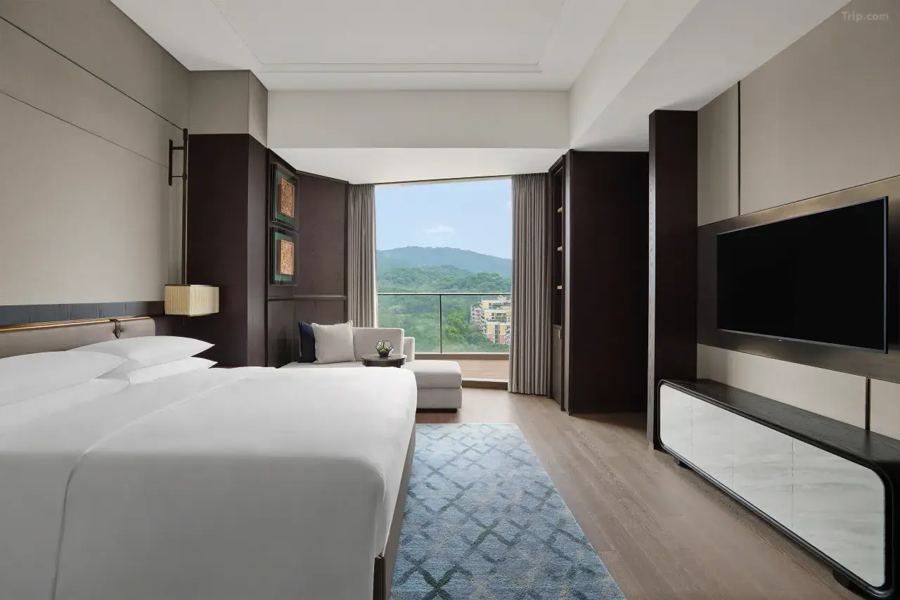 Modern hotel room with a king bed, balcony view, and wall-mounted TV.