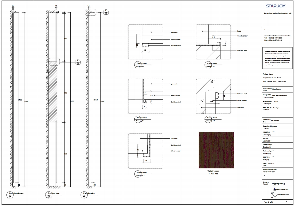Architectural drawing showing wall sections, material details, and project information. 6