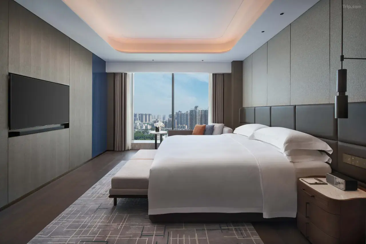 Modern luxury hotel room with a king bed, city view, and wall-mounted TV.