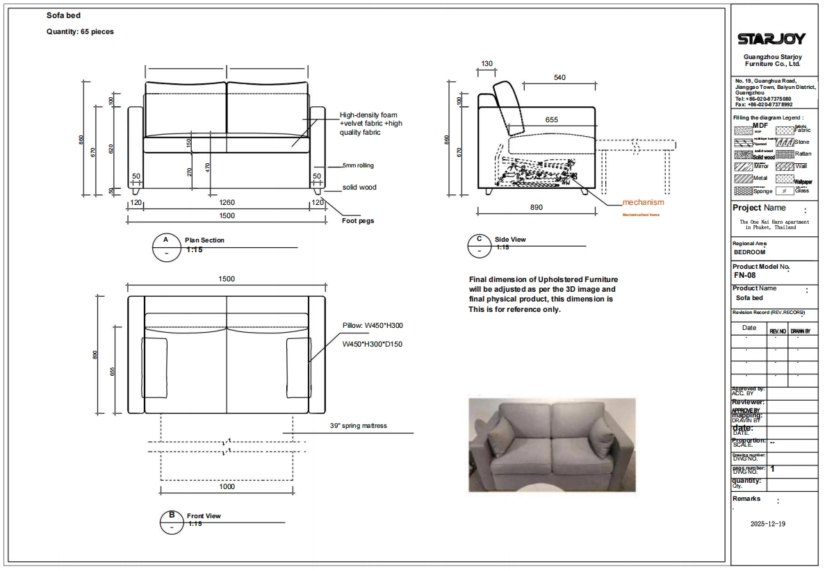 Technical drawing of the Starjoy Furniture FN-08 sofa bed, showing dimensions, materials, and construction details. 6