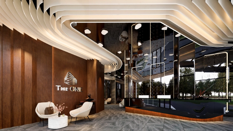 Interior of "The One" building lobby with modern design.