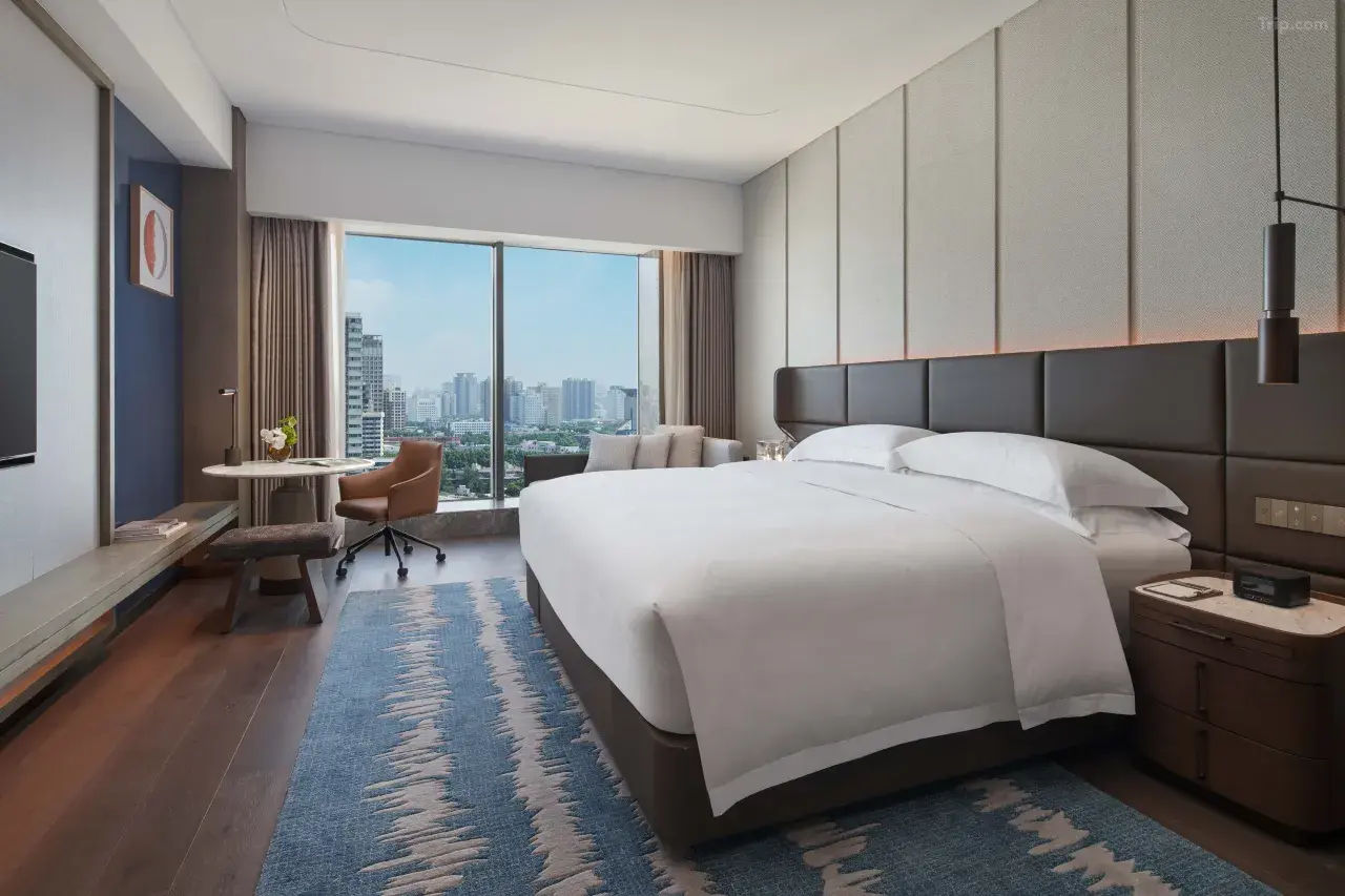 Modern hotel room with a large bed, city view window, and blue patterned rug.