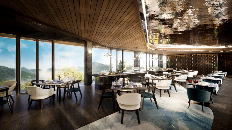 Upscale restaurant interior with mountain view.