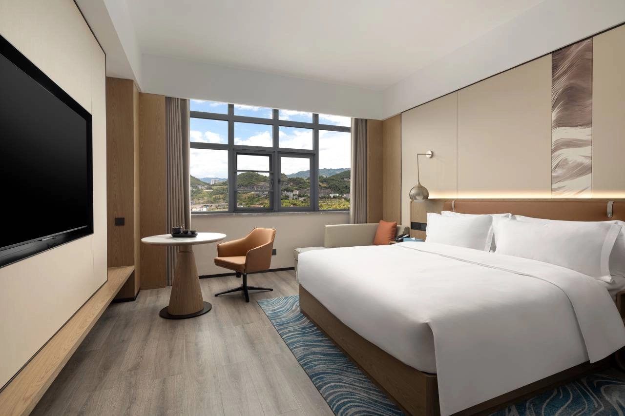 Hotel room interior with a king bed, city view, and a TV.