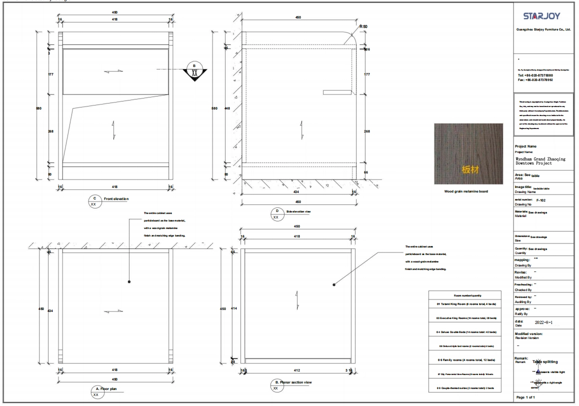 Architectural drawing of a bedside table with dimensions and material specifications. 2