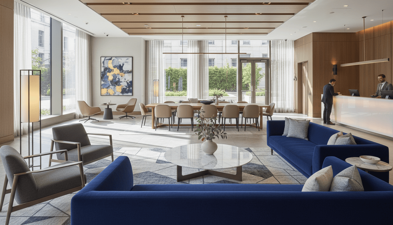 Modern hotel lobby with blue sofas, dining area, and reception desk.