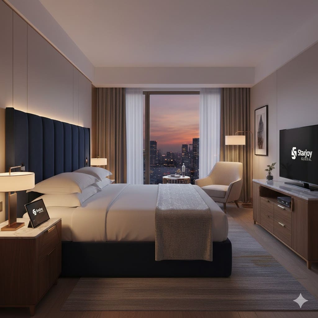 best hotel furniture manufacturers in China Starjoy Global hotel bedroom suite with city view at sunset.