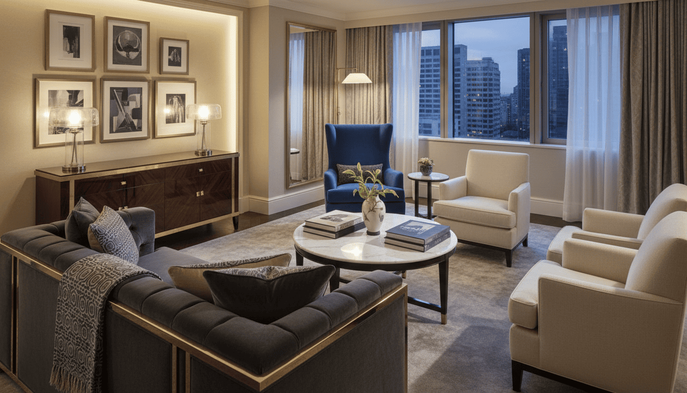Luxurious hotel room with a gray sofa, white armchairs, and a city view.