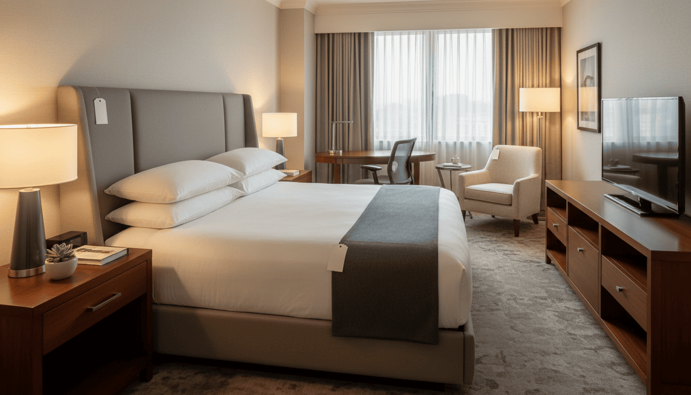 Hotel room interior with bed, desk, and television.