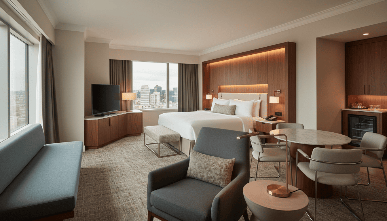 Hotel suite featuring a king-size bed, city views, and a dining area.