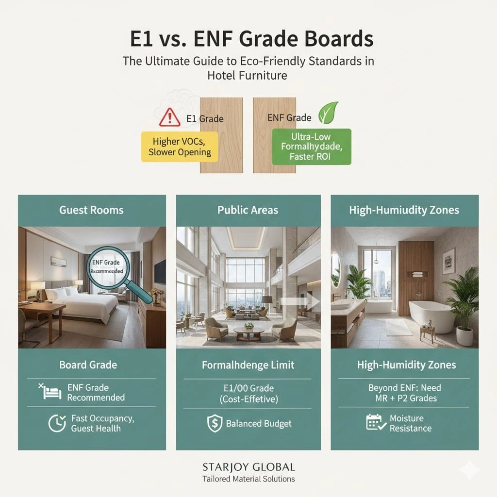 Infographic comparing E1 and ENF grade boards for hotel furniture, highlighting VOC levels, formaldehyde limits, moisture resistance, and recommendations for guest rooms, public areas, and high-humidity zones.