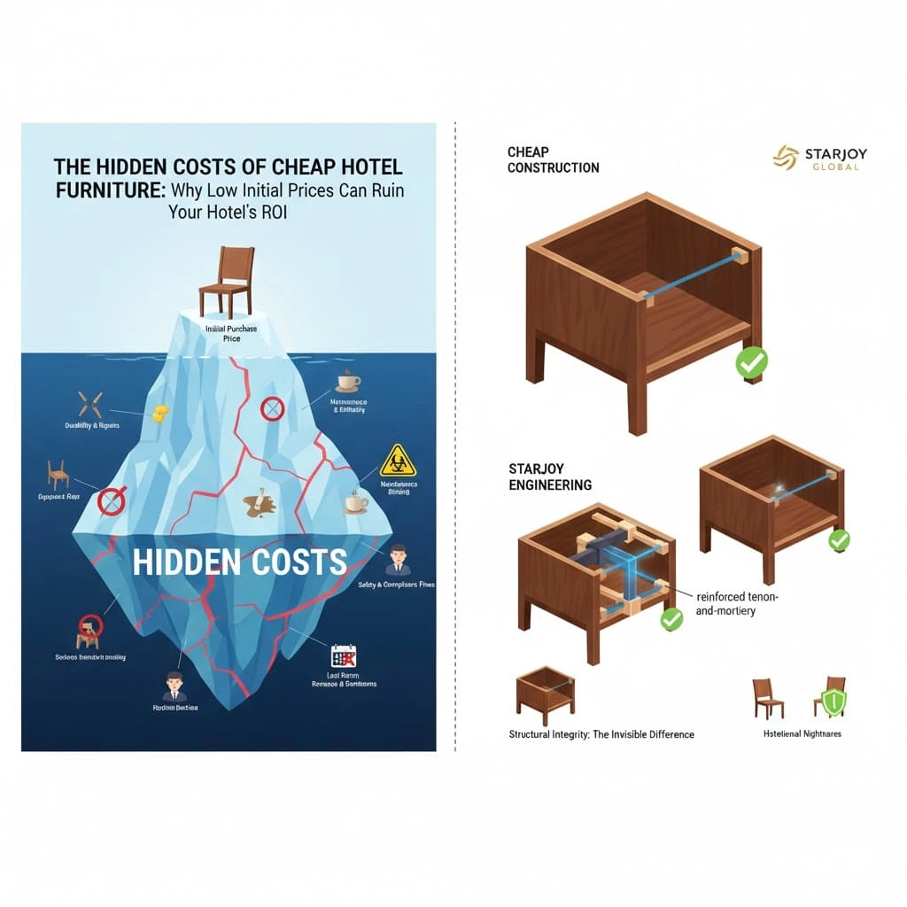 Infographic illustrating the hidden costs of cheap hotel furniture, comparing cheap construction versus Starjoy engineering.
