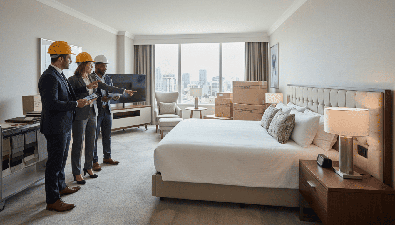 Three construction managers wearing hard hats review renovation plans in a hotel room with moving boxes.