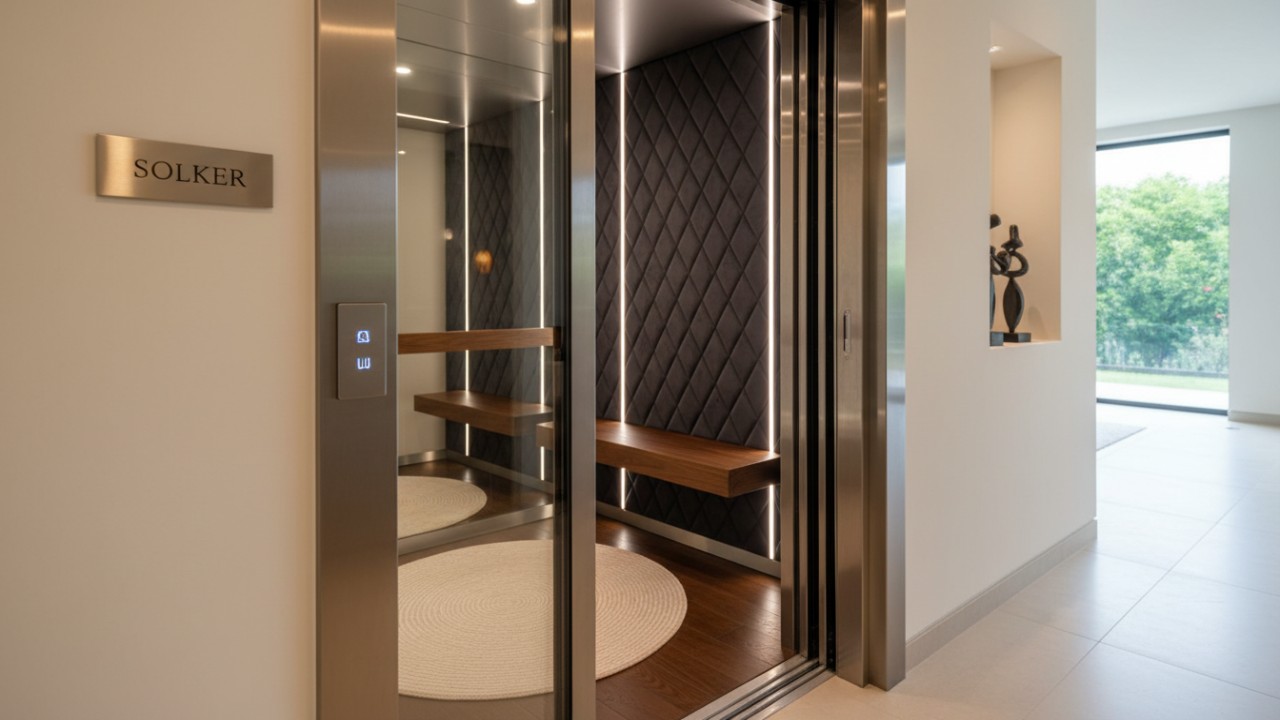 A close-up view of a completed luxury elevator installation with a SOLKER brand plaque on the wall.