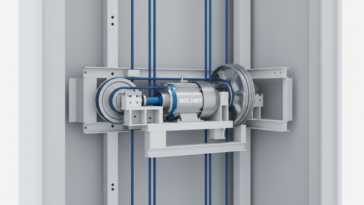 A detailed 3D cutaway illustration of a SOLKER home elevator drive system showing the internal motor and mechanical components.