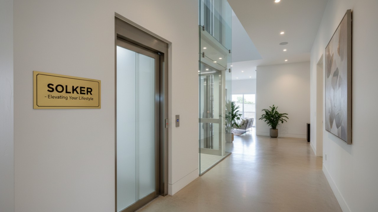 A finished home elevator installation project featuring a metallic SOLKER brand plaque on the wall in a sophisticated hallway.