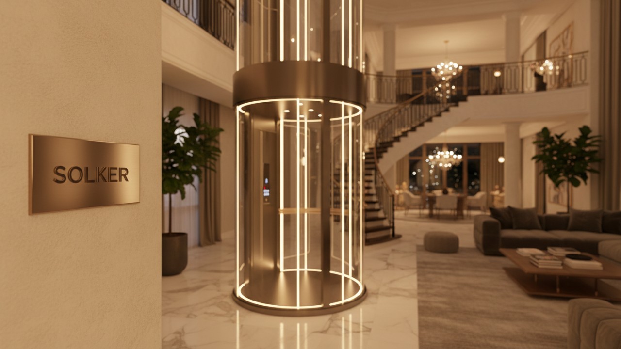 A finished panoramic glass elevator installation in a luxury home with a metallic SOLKER sign on the wall.