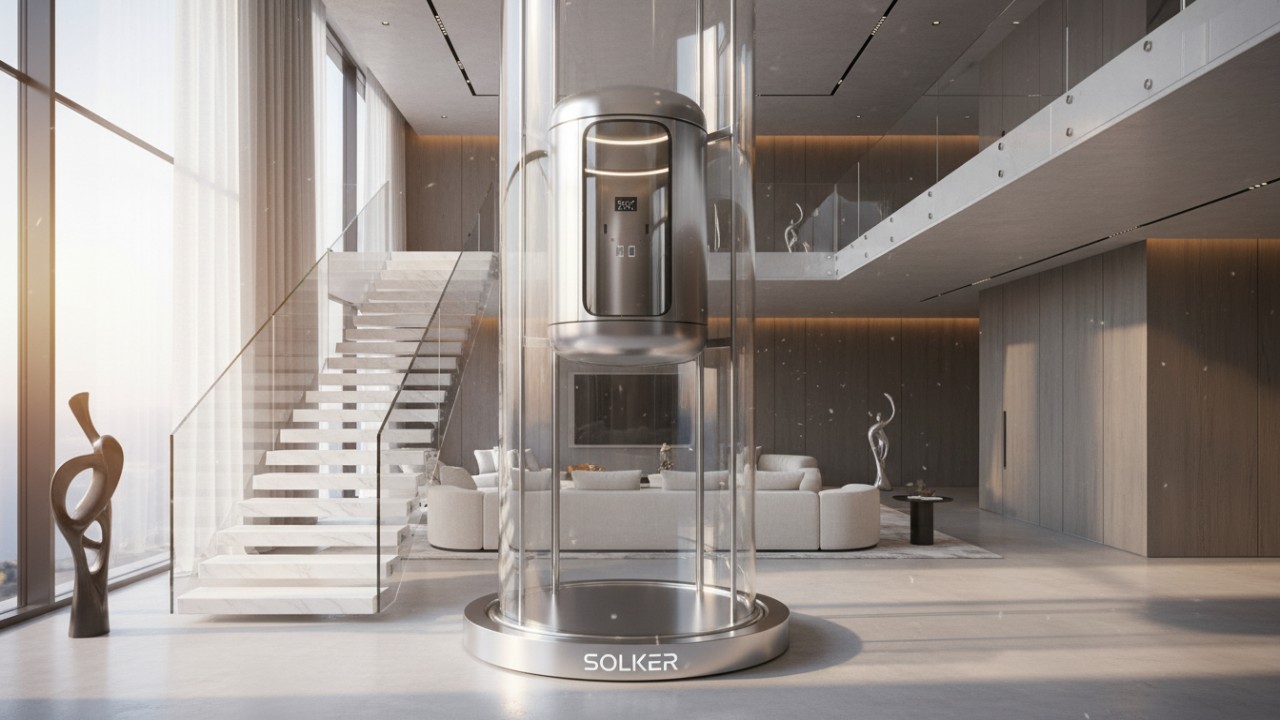 A futuristic transparent pneumatic vacuum elevator in a modern luxury home with the SOLKER brand name visible on the base.