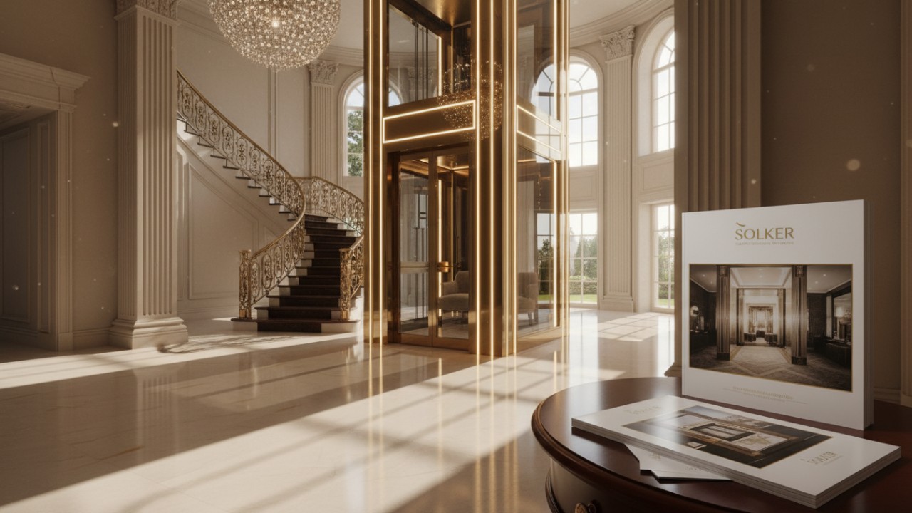A high-end grand foyer with a designer elevator and a SOLKER brochure highlighting the return on investment for luxury real estate.