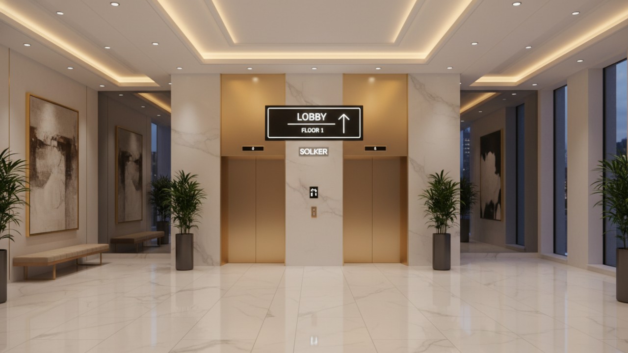 A high-end luxury lobby featuring premium elevator doors with a digital display showing the SOLKER brand name.