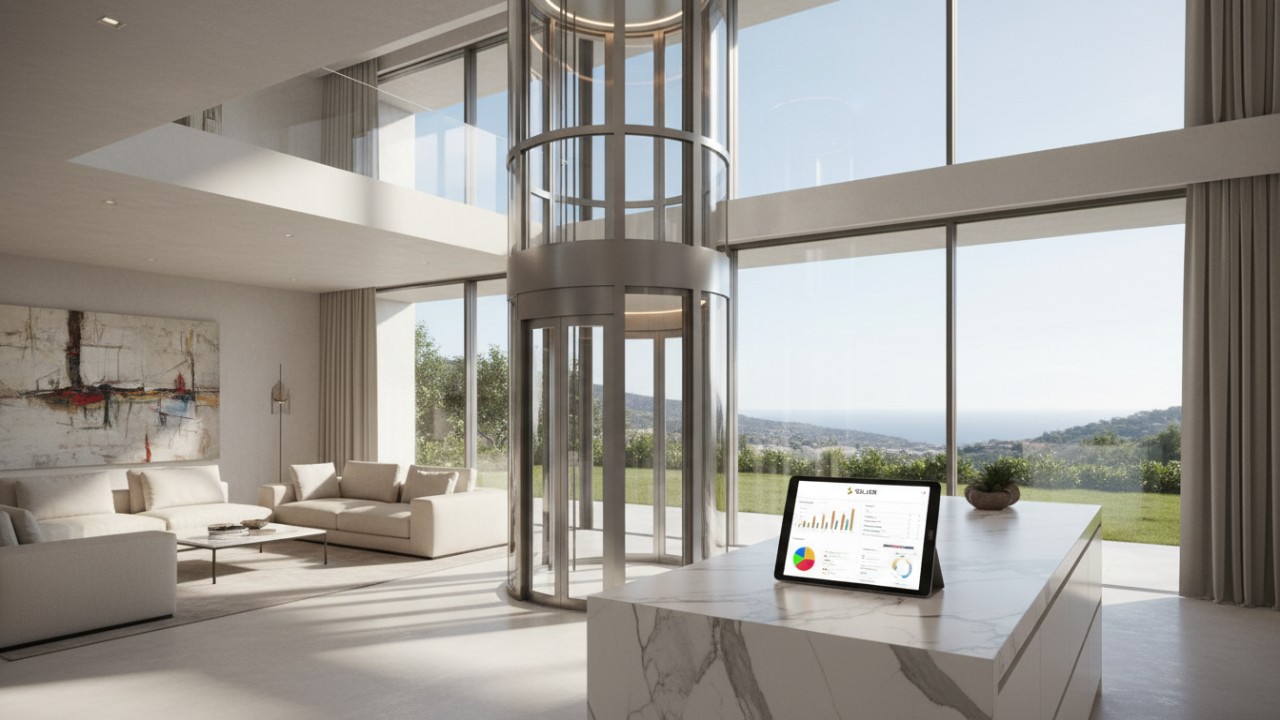 A luxury glass home elevator in a modern villa with a SOLKER branded tablet displaying financial costs on a marble counter.