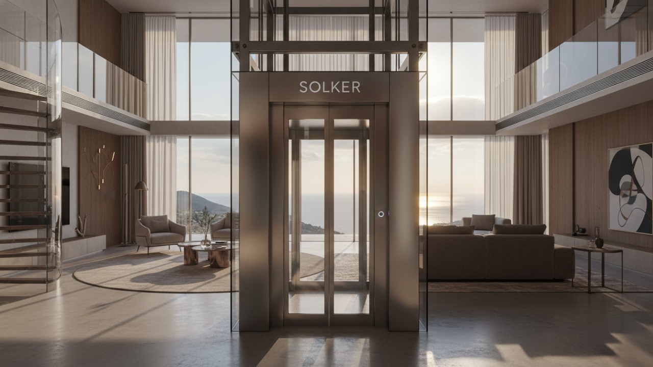 A luxury home interior showing a perfectly integrated glass elevator with the SOLKER brand name etched into the metal frame.