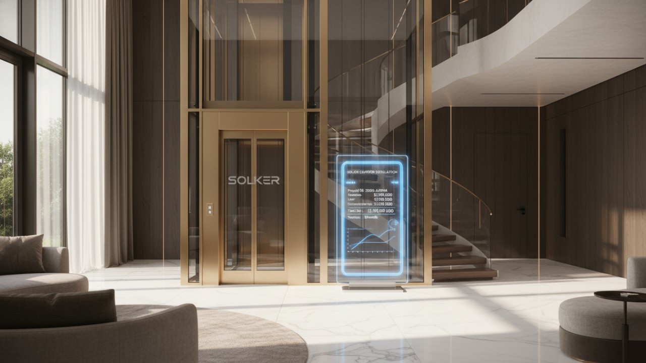 A modern luxury home featuring a panoramic glass elevator with the SOLKER brand name etched on the glass and a digital display showing installation costs.