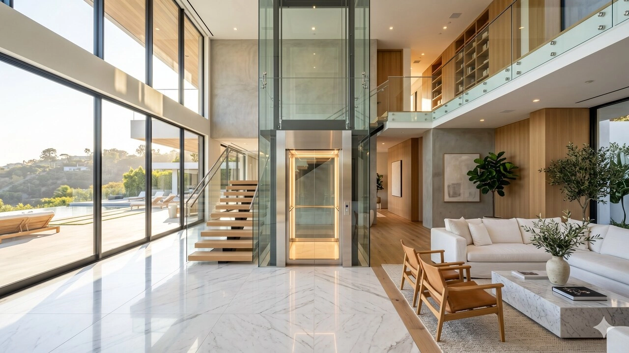 a modern luxury villa featuring a sleek glass home elevator - SOLKER