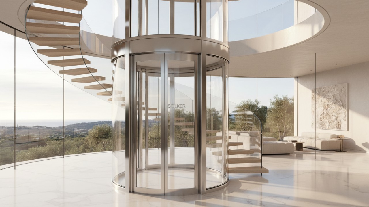 A modern luxury villa interior featuring a transparent circular glass elevator with the SOLKER brand name etched on the glass.