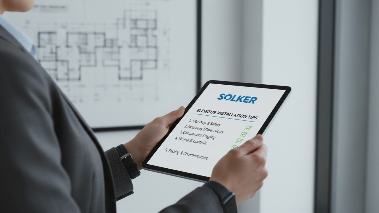 A professional consultant reviewing elevator selection tips on a tablet featuring the SOLKER logo in a modern architectural office.