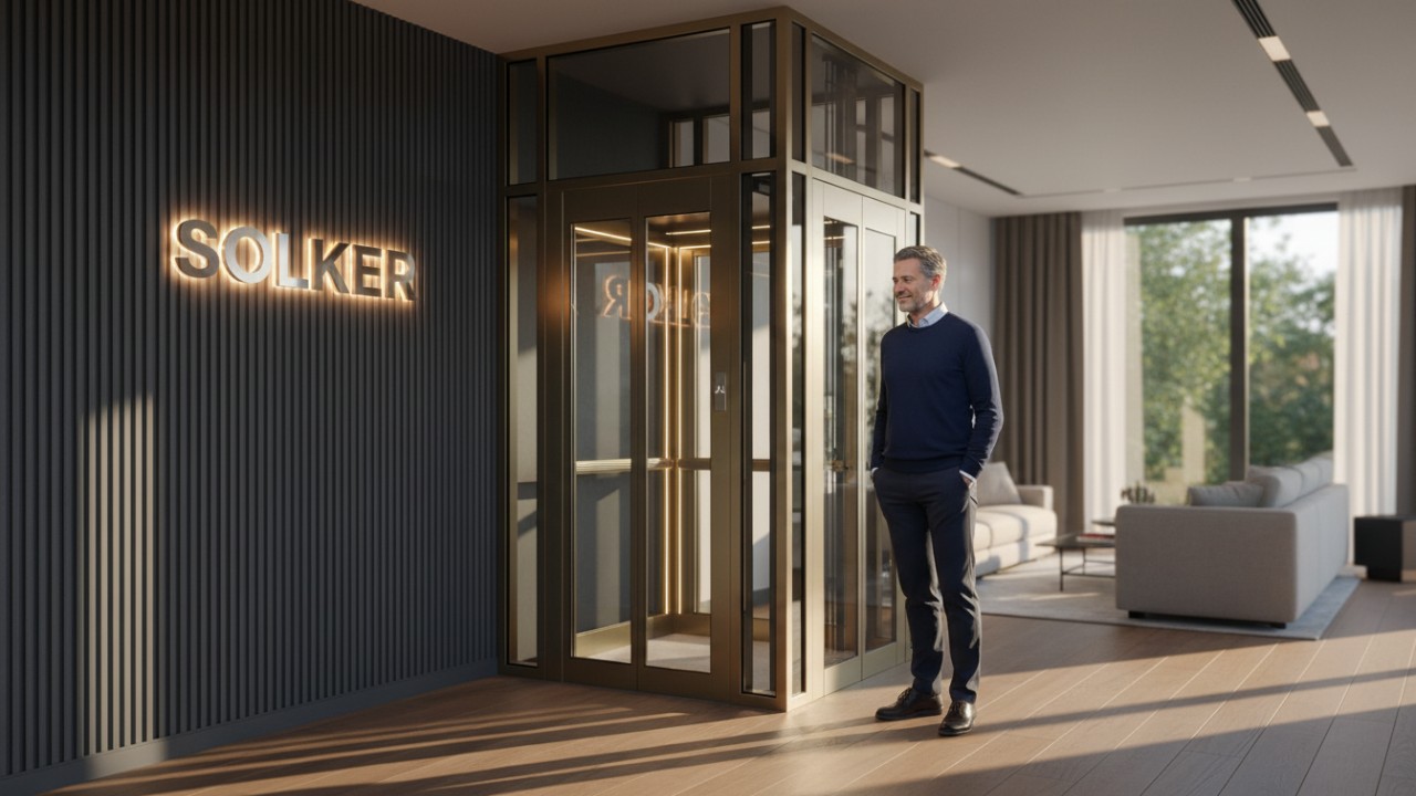 A satisfied homeowner standing near a newly installed SOLKER home elevator in a beautifully lit modern interior.