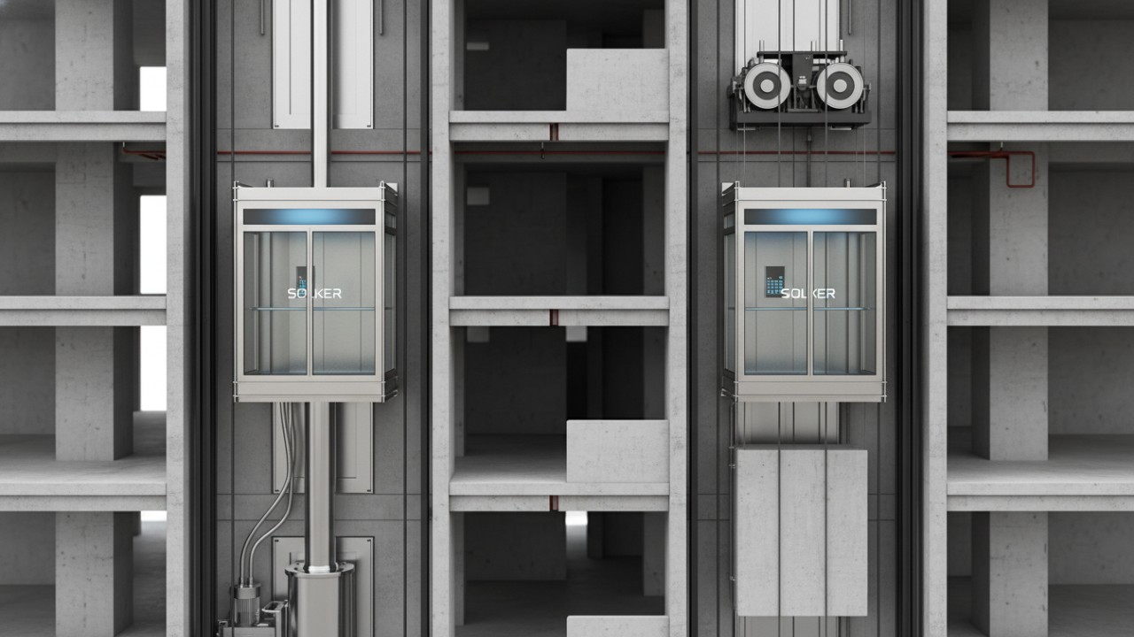 A technical 3D illustration comparing the mechanical lifting mechanisms of hydraulic and traction elevators with SOLKER branding on the control panels.
