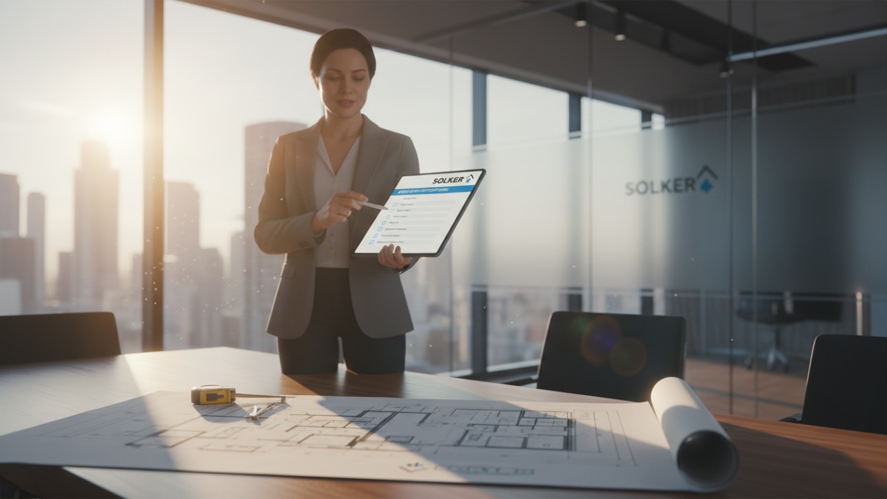 An architect reviewing elevator drive specifications on a tablet featuring the SOLKER logo in a professional design studio.