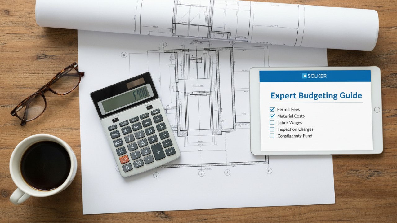 An architect's desk with elevator blueprints and a digital tablet showing a SOLKER branded budgeting guide for residential lifts.