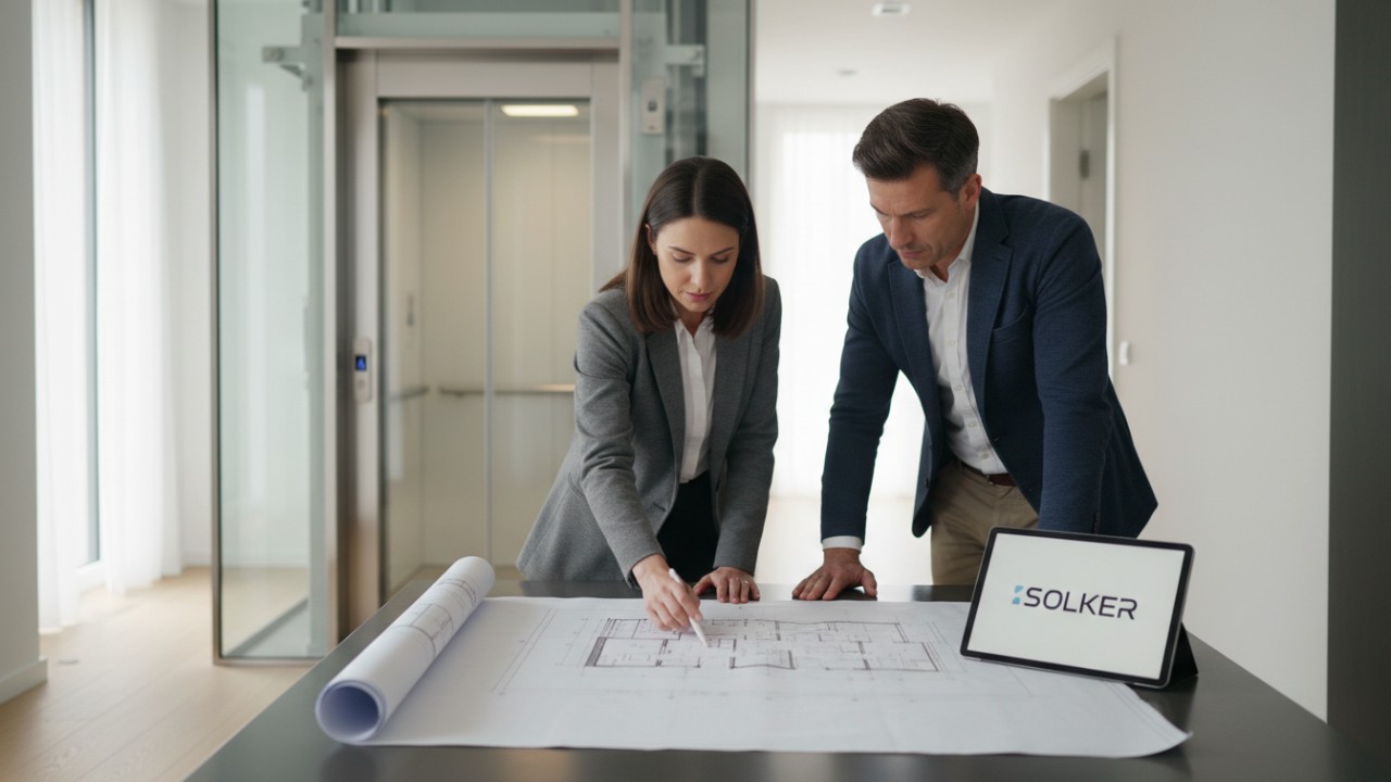 An expert consultant and homeowner reviewing plans for a home elevator with the SOLKER brand displayed on a digital tablet.