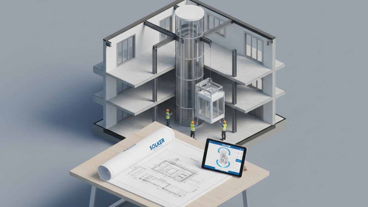 Technical planning and blueprints for a glass elevator installation in a villa featuring the SOLKER brand name.