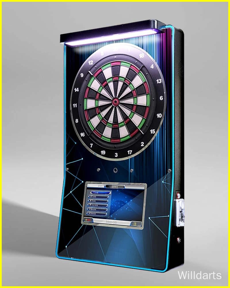 black electronic dartboard cabinet with a vibrant blue and black graphic design. The cabinet features an integrated digital scoreboard, an illuminated dartboard, and a modern aesthetic.