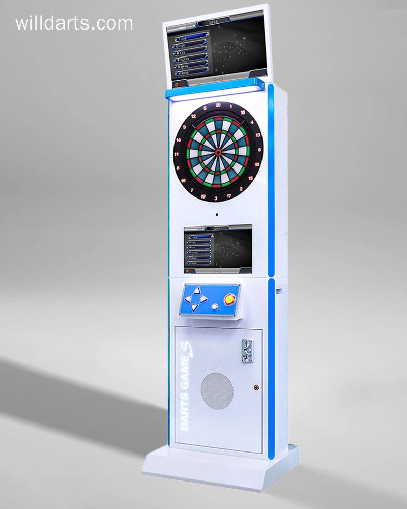 Full-body shot of a white and blue electronic darts game machine with two screens displaying game information and a scoreboard, standing on a white base.