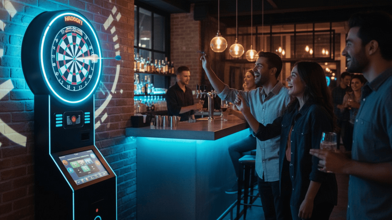 People playing electronic darts at a bar.