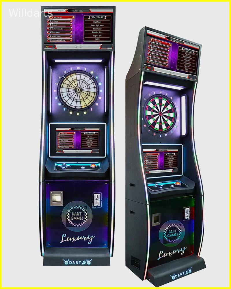 Two luxury Dart Games machines with illuminated cabinets and digital scoreboards.