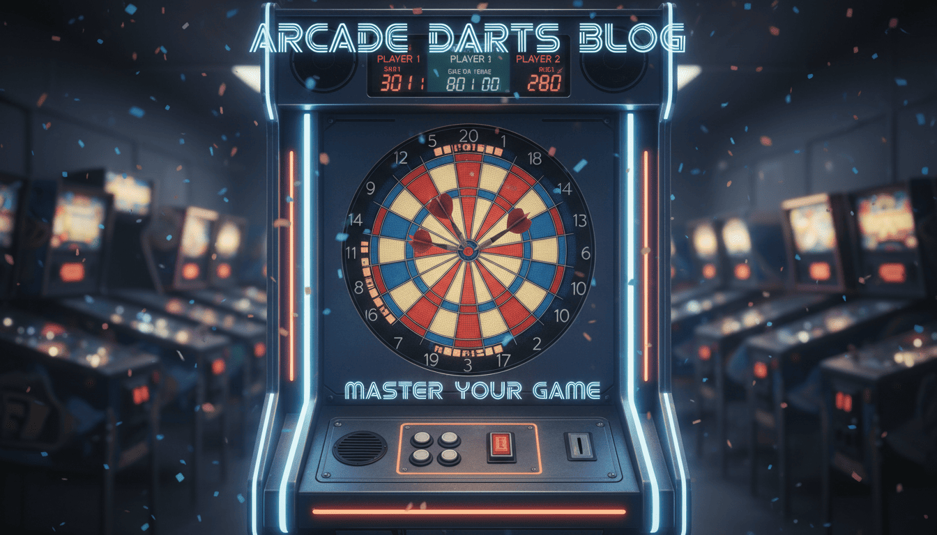 Neon-lit electronic dartboard arcade game in an arcade.