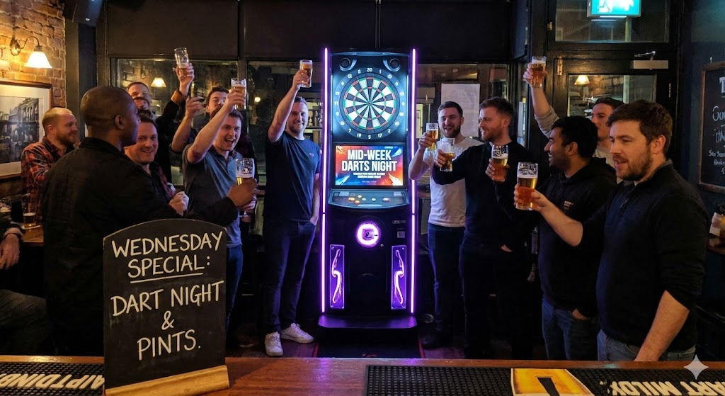 Darts tournament planning for pubs A group of people holding beer glasses up in a toast at a pub with a digital dartboard advertising