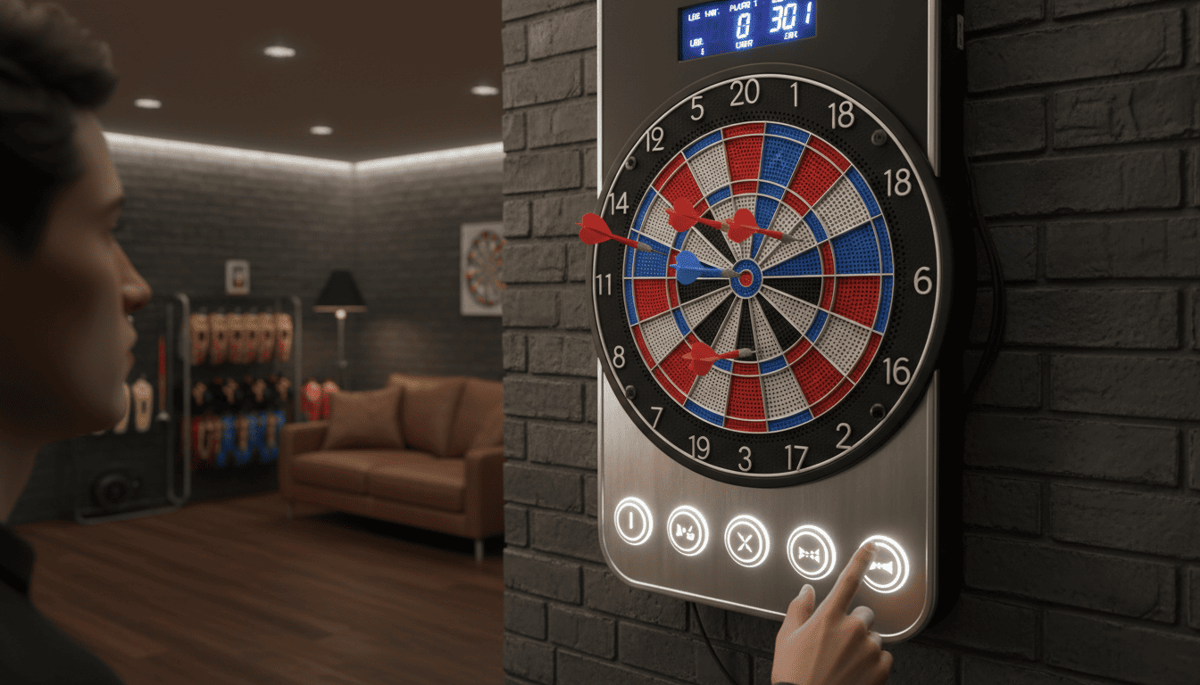 Electronic dartboard mounted on a brick wall with darts in place and a person selecting a game setting.