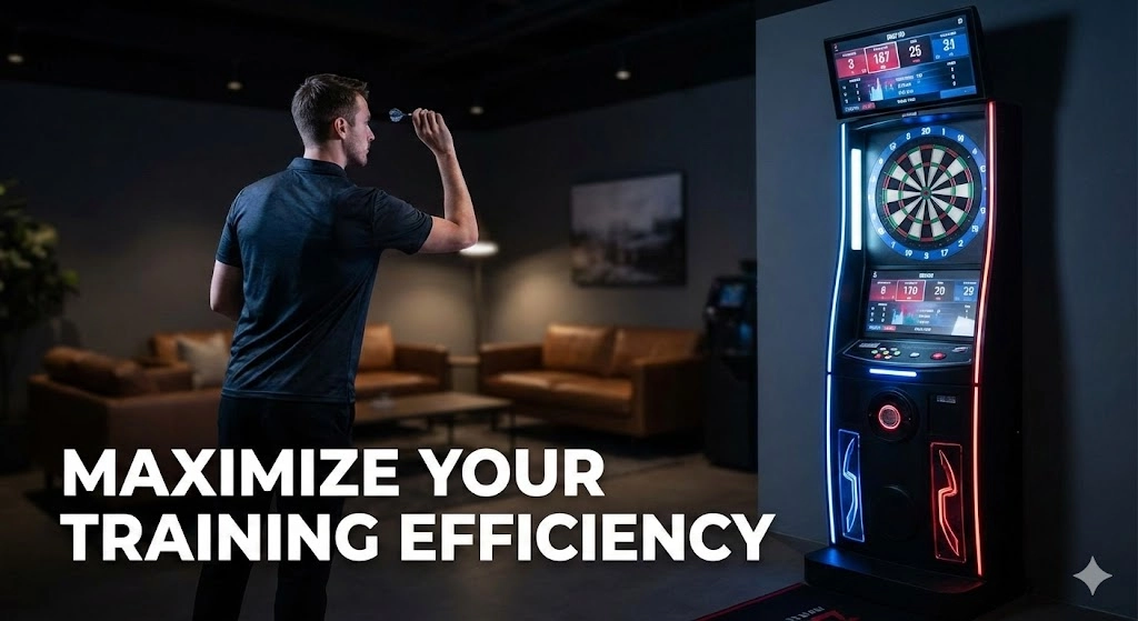 WillDarts - Man throwing a dart at a smart dartboard with a digital display and score tracking.