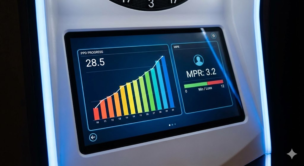 Dartboard monitor showing player progress with PPD score and win/loss record.