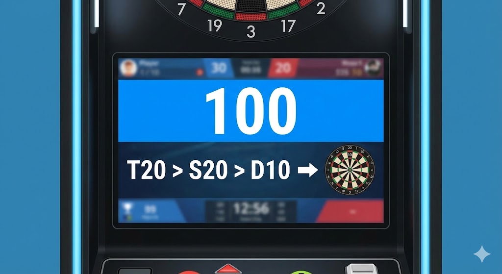 Electronic dartboard display showing a score of 100 and the suggested throws: T20, S20, D10.