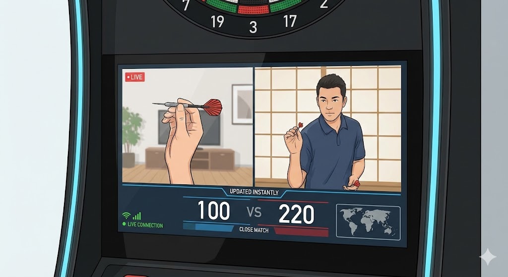 Online darts game with live video of opponents and score display.