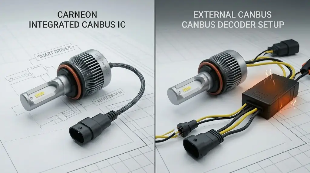 Hardware comparison of CARNEON integrated CANbus driver IC versus standard bulky external CANbus decoders and wiring
