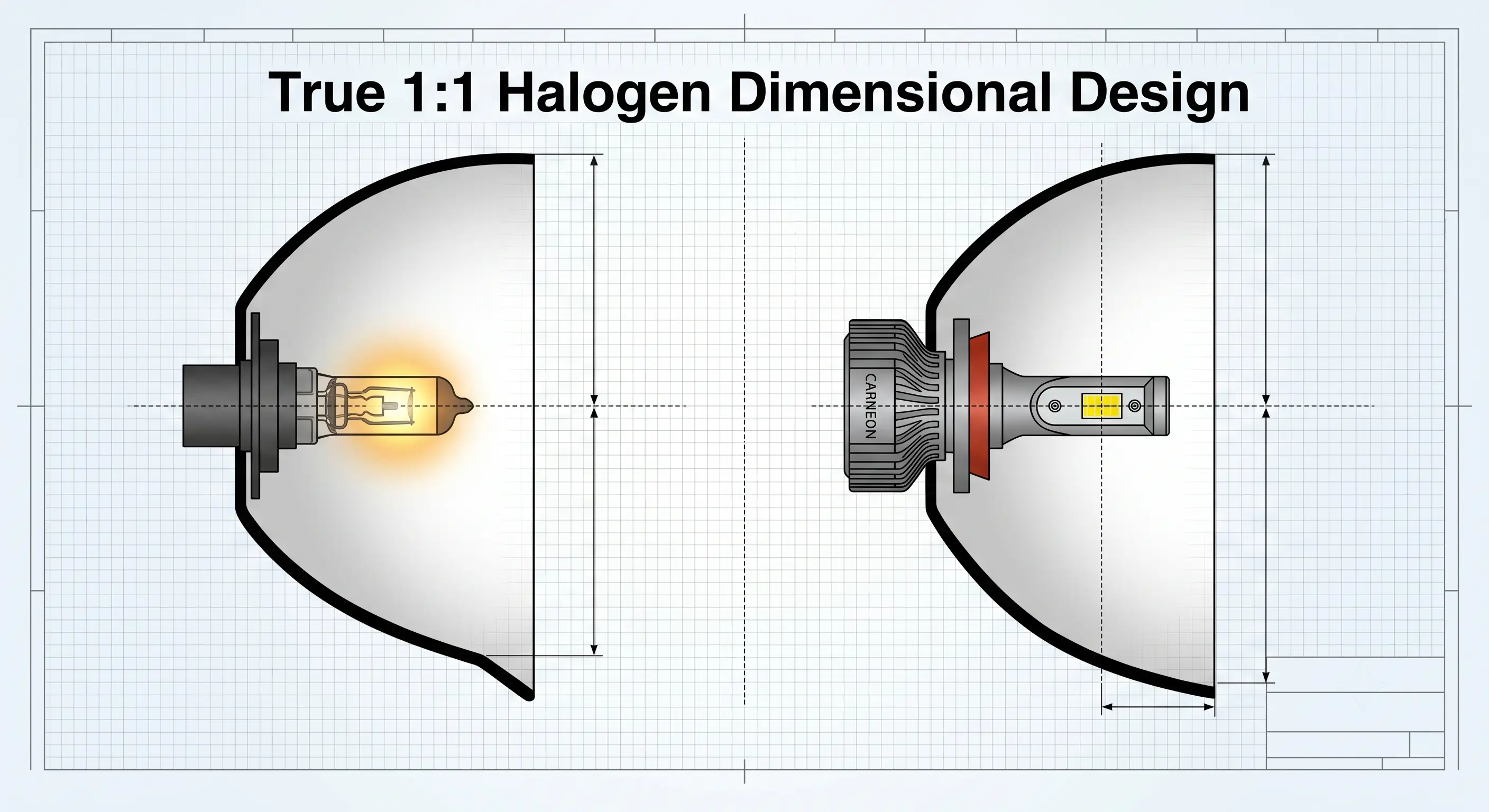 Technical Diagram showing 1:1 Halogen Filament vs LED CSP Chip Geometrical Alignment